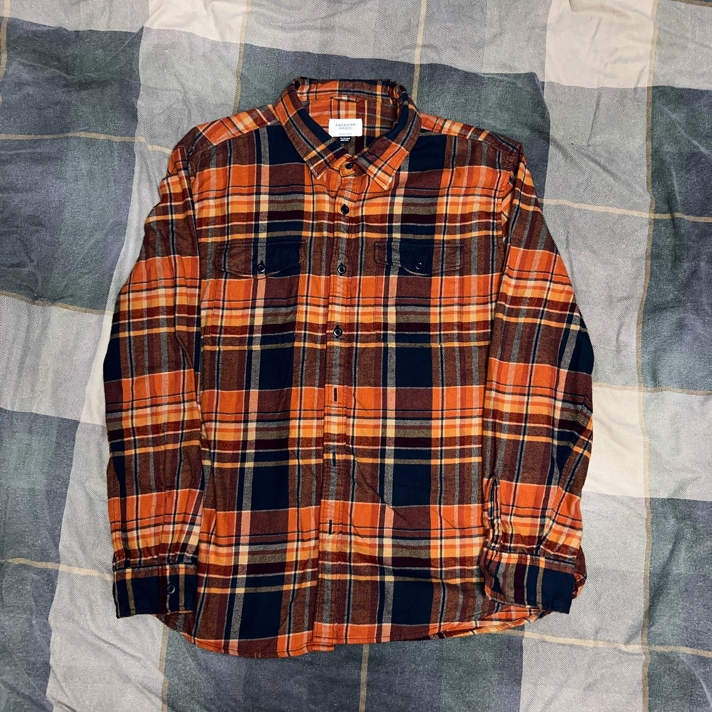 XL American Eagle Orange & Navy Plad Flannel